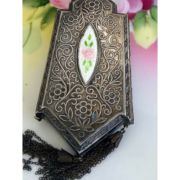 Antique 1910s Compact Coin Purse Silverplate Guilloche Enamel - Picture 8 of 16